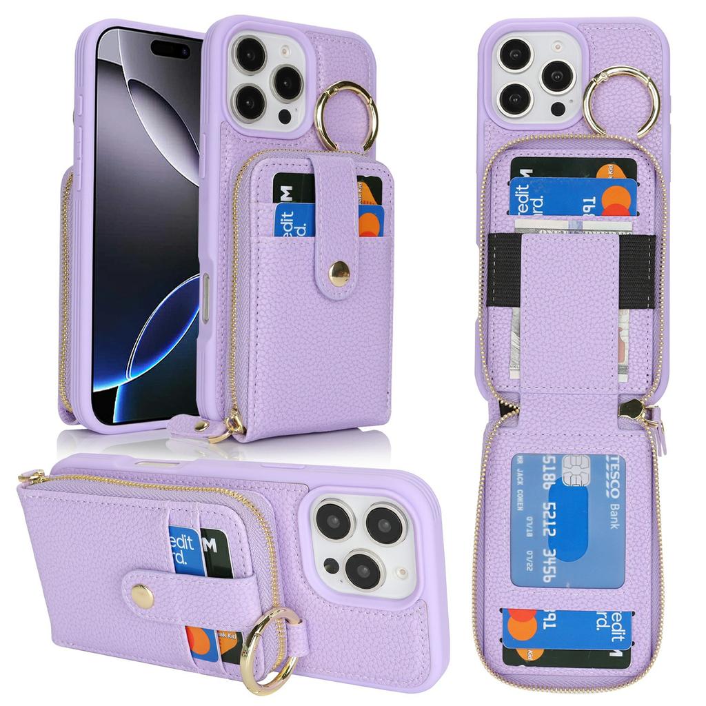 For iPhone 16 Pro Case with Zipper Pouch/Ring Kickstand/Strap Litchi Texture PU + TPU Phone Cover