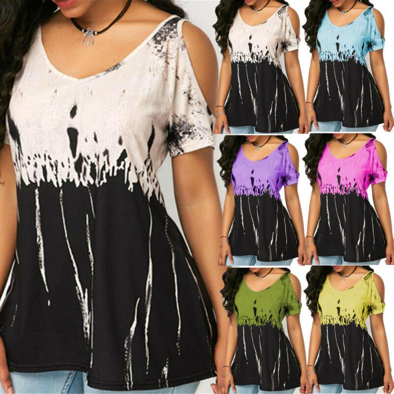 Plus Women Size Tshirt Cold Shoulder Tops Summer Blouse Casual Loose Shirts