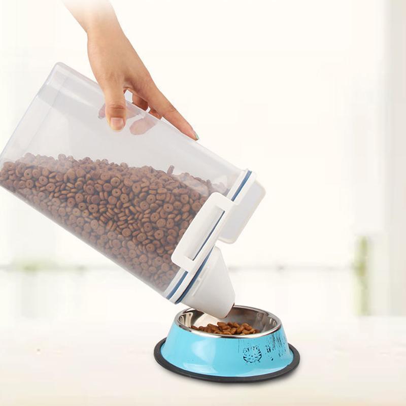 Balde de Ração para Cão Gato 1,5Kg/2Kg Tanque de Armazenamento de Plástico com Recipiente Copo Medidor Pote Selado à Prova de Umidade Acessórios Suprimentos para Animais de Estimação