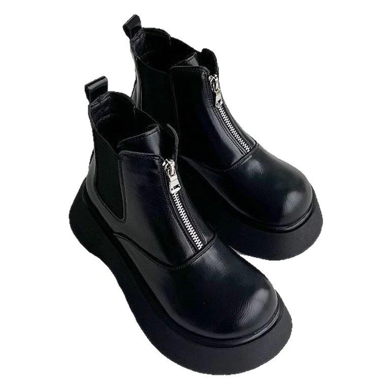 Thick-soled Martin boots winter new velvet non-slip Chelsea boots black cigarette boots front zipper cotton boots