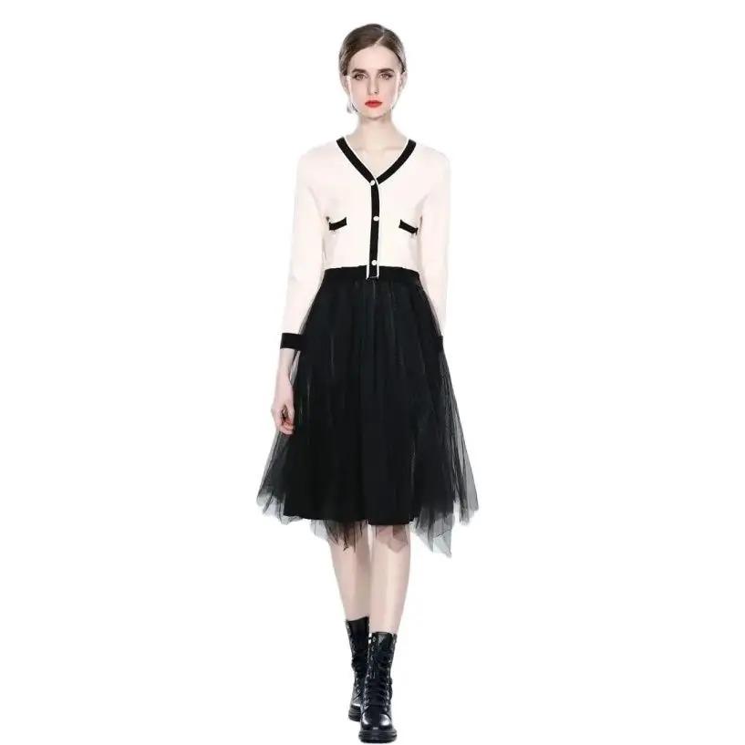 Autumn Winter Spring Women Casual Fashion Black White Long Sleeve Knitted Sexy V-neck Midi Dress S-XL
