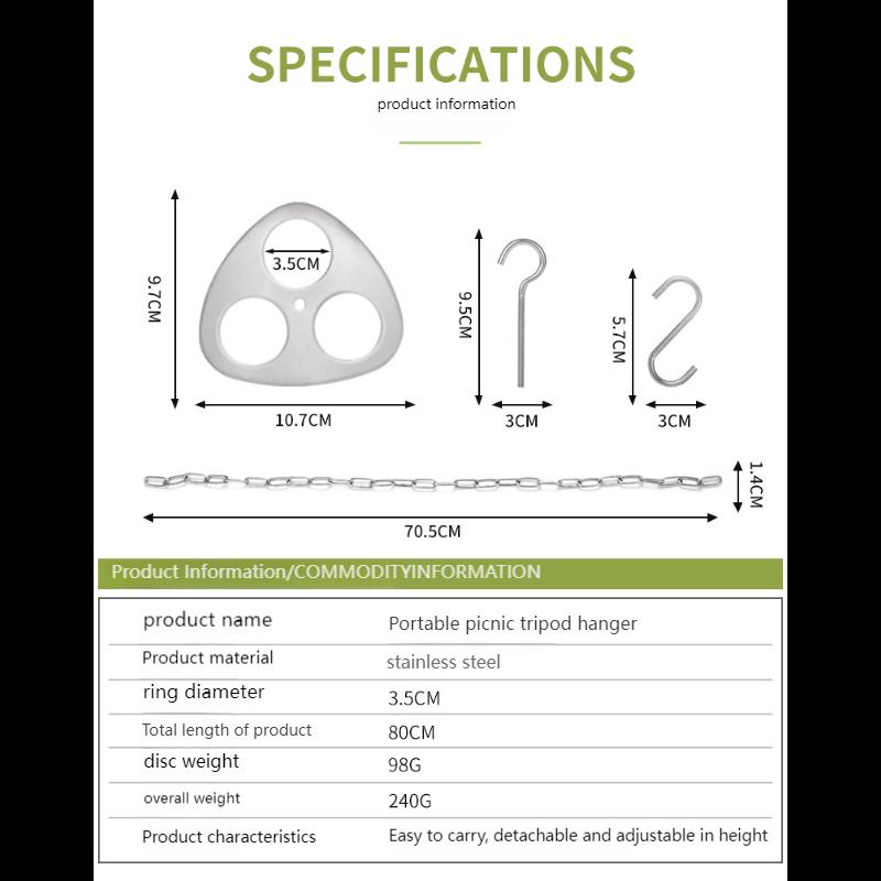 Portable Stainless Steel Tripod Camping Grill Hanger - Adjustable Hanging Pot Stand for Campfire Cooking & Outdoor Picnic