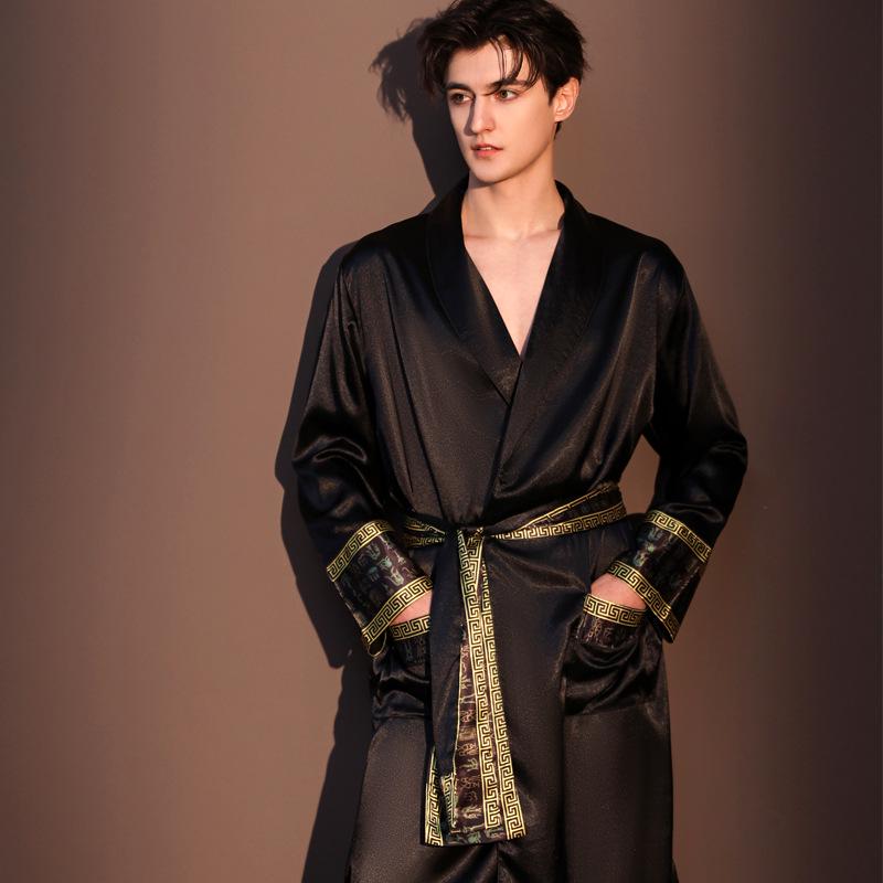 Men's Spring & Autumn Long Sleeve Ice Silk Pajama Robe - Mid-Length, High-End Feel