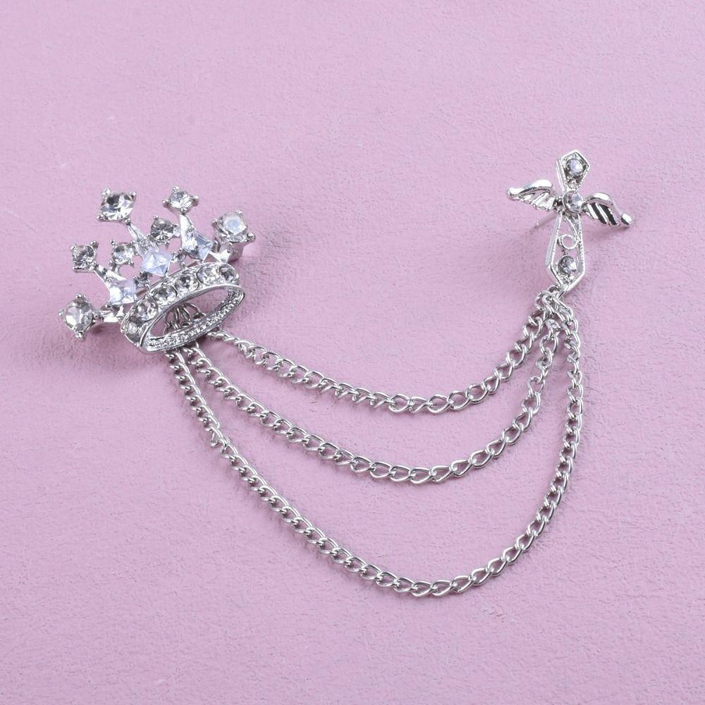 Rhinestone Men Brooch Cross Suit Collar Pin Delicate Crown Tassel Brooch  Ceremony Banquet