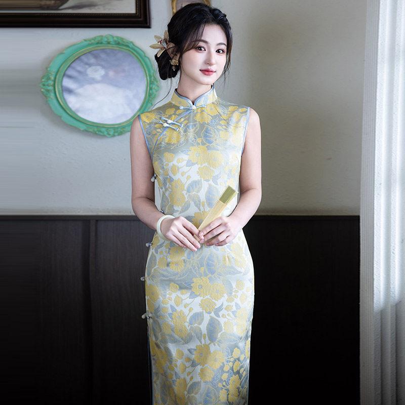 Yellow sleeveless national style new Chinese long cheongsam improved young 1011 new women's high sense daily summer