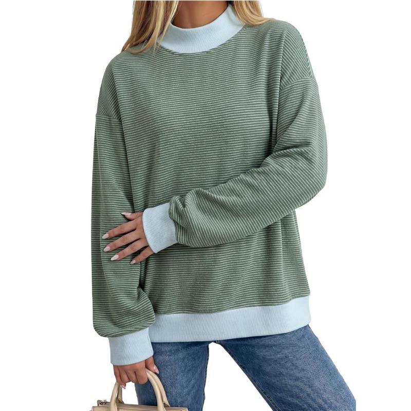 Women S Round Neck Fleece Striped Long Sleeve Loose Top