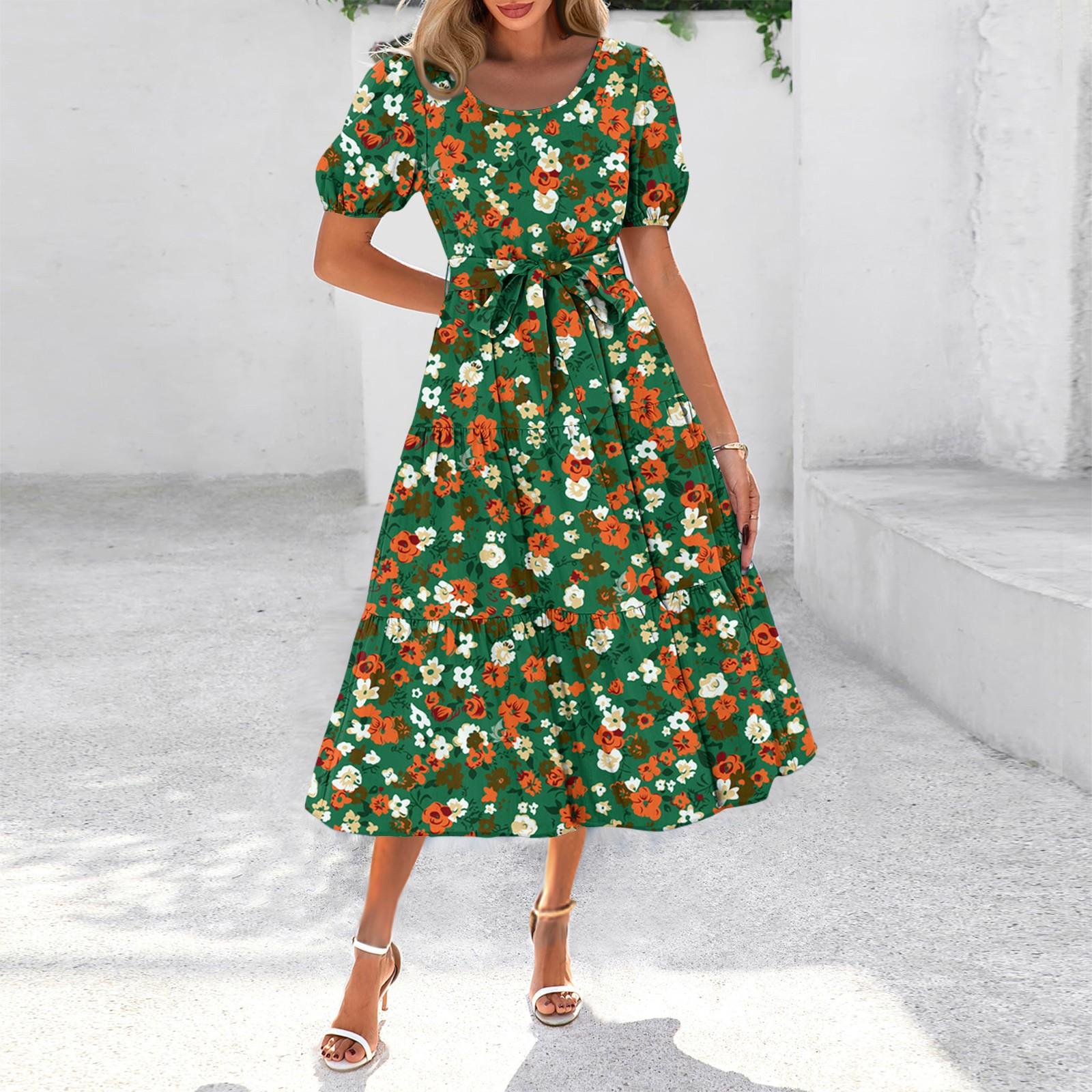 

Женское летнее платье макси с коротким рукавом, круглым вырезом, поясом и карманами в стиле бохо с струящейся отделкой M