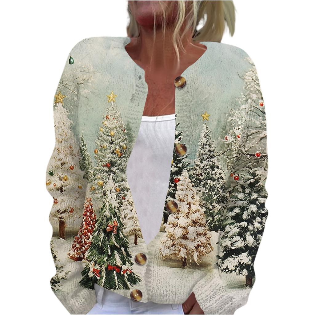 Women's Fashion Printed Long Sleeve Knitted Cardigan Button Down Jacket