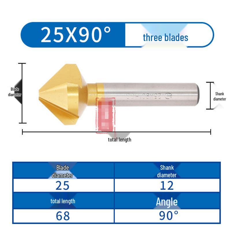 90° Titanium-Coated Chamfering Tool, Single/Three-Flute, 45° Countersink and Deburrer for Stainless Steel.