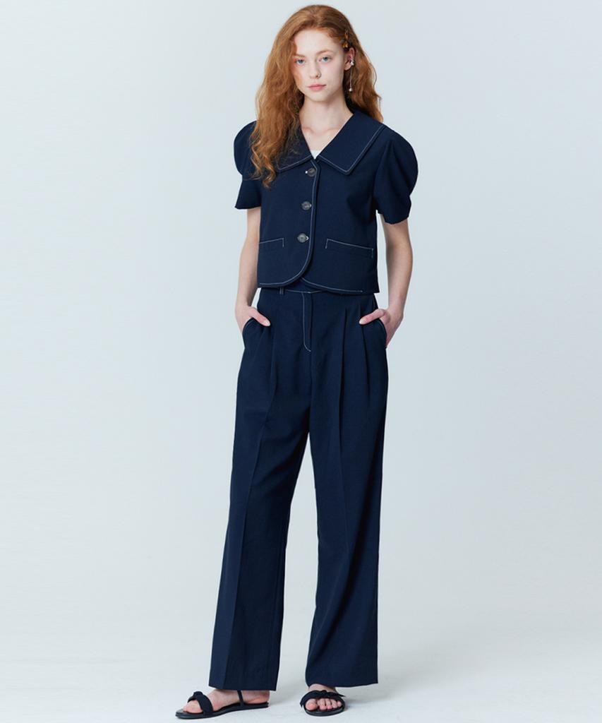 OPENING SUNSHINE Puff Sleeve Crop Jacket_Two-Pleat Wide Pants Set_Navy