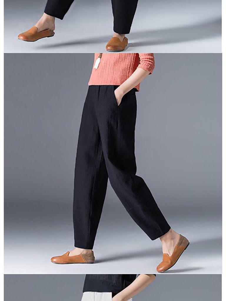 Damen Frühlings-Baumwoll-Leinen High Waist Schlankmachende Haremshose - Locker, Vielseitig, Große Größen Cropped Karottenstil