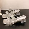 Mode Mit Rock Strass Sandalen und Pantoletten für Damen im Sommer Neu Eckige Zehenpartie Offene Zehenpartie Schleife Kristall Blockabsatz Pumps