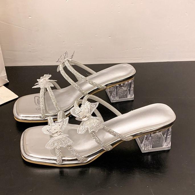 Mode Mit Rock Strass Sandalen und Pantoletten für Damen im Sommer Neu Eckige Zehenpartie Offene Zehenpartie Schleife Kristall Blockabsatz Pumps