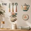 Modern Kitchen Wall Murals 7Pcs 2D Flat Wooden Decor, Retro Teapot Tableware Themed Removable Art for Dining Room Art, Self?Adhesive Plaques
