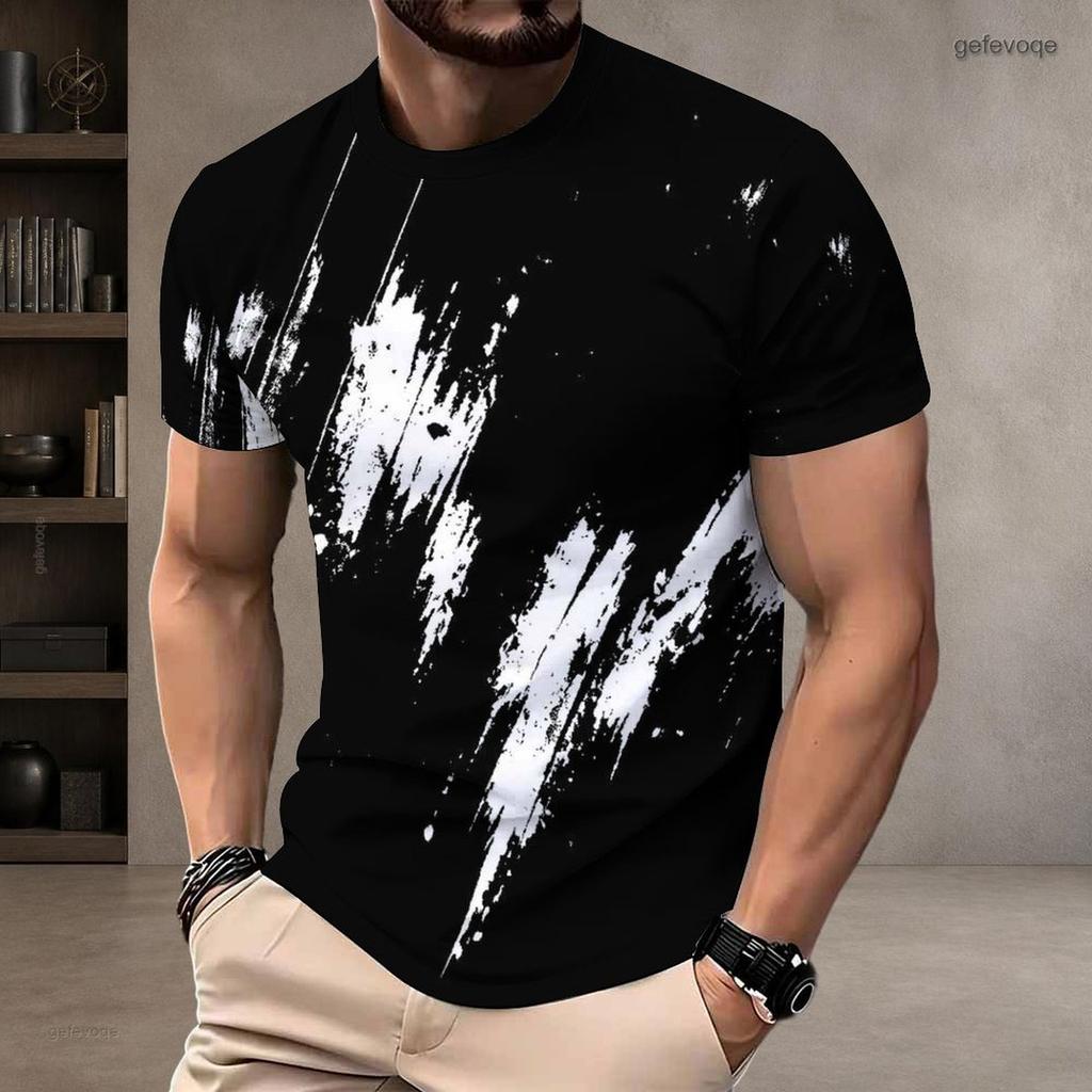 Men Plus Size Round Neck Short Sleeve T Shirt Black White Printed Pullover Straight Hem