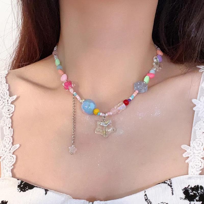 Dopamine Color Beaded Candy Star Necklace Female Sweet Cool Spice Girl Clavicle Chain New Niche Accessories