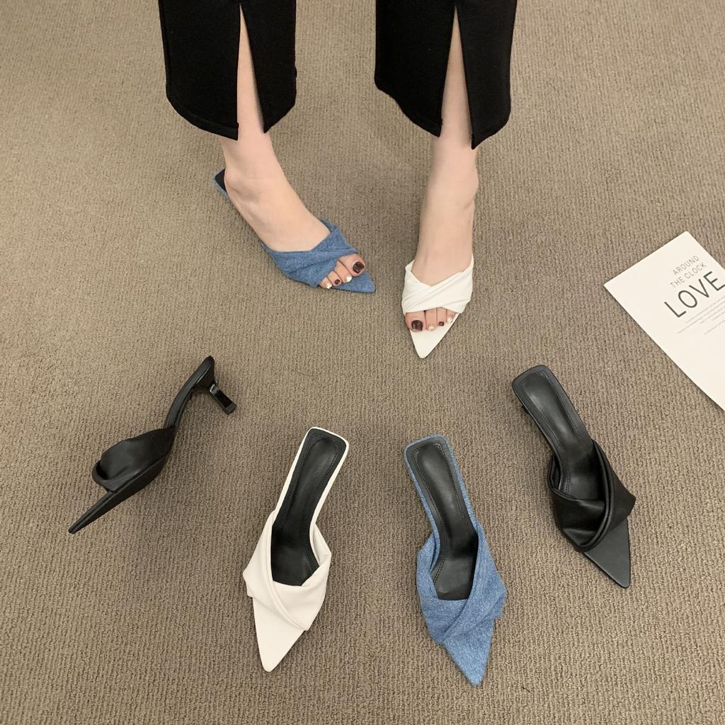 Spring pointed open-toed denim blue outer slippers fairy style stiletto high heel one-word drag bow sandals