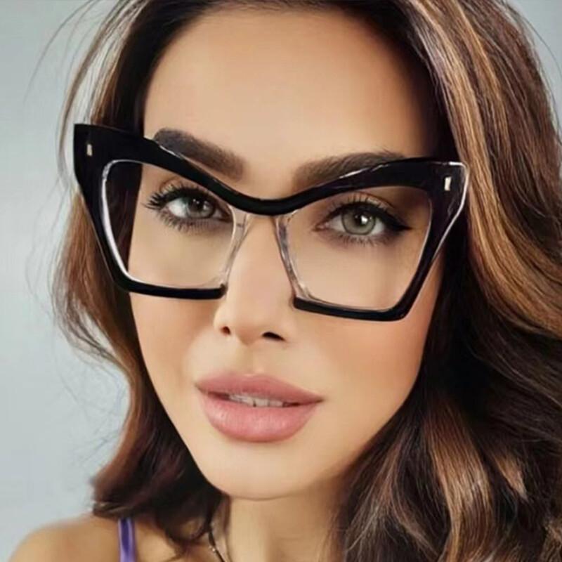 Women Prescription Eyeglasses Anti Light Reading Glasses Double Color Big Frame Cat Eye Transparent Fashion Optical Eyewear