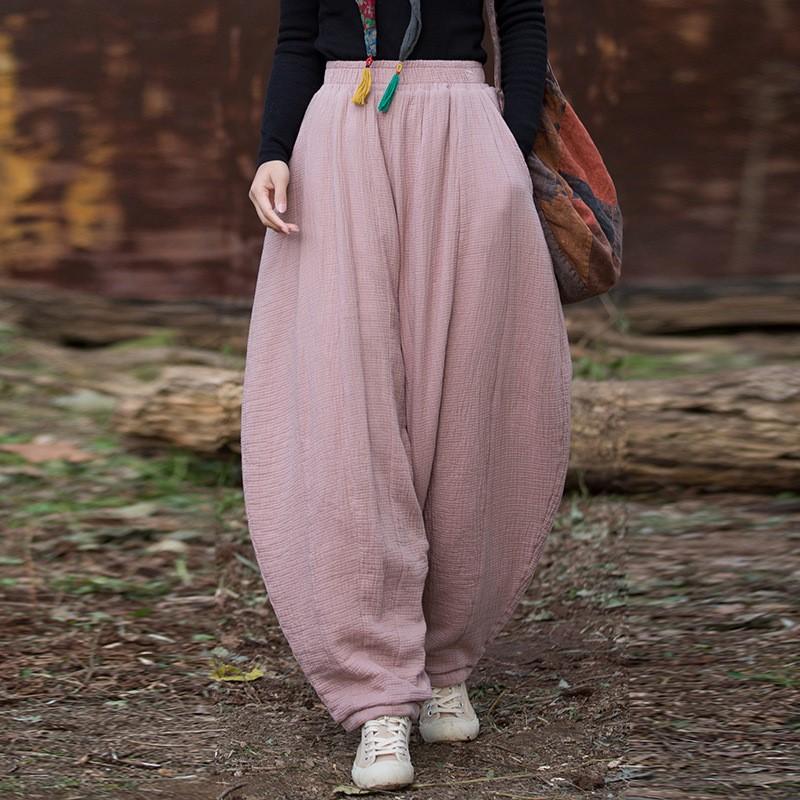 Johnature Women Vintage Winter Pants Warm Solid Color Elastic Waist Trousers Loose Pockets Female Pants