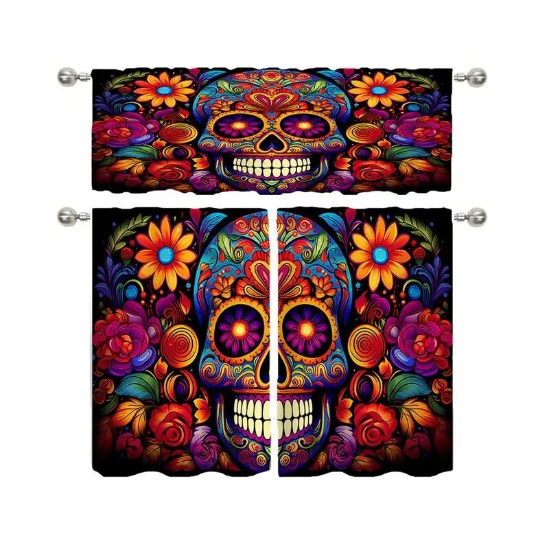 Halloween Skull and Flower Pattern Printed Curtains   Window Decorations   Home Decorations   Room Decorations