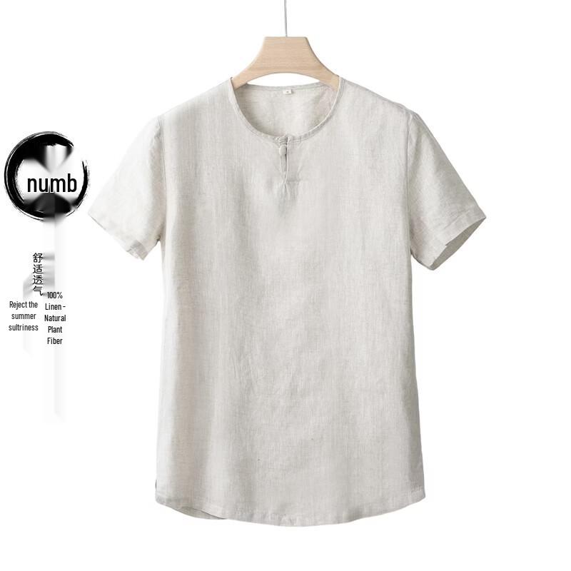 Hengyuanxiang Men's Retro Linen Short-Sleeve T-Shirt