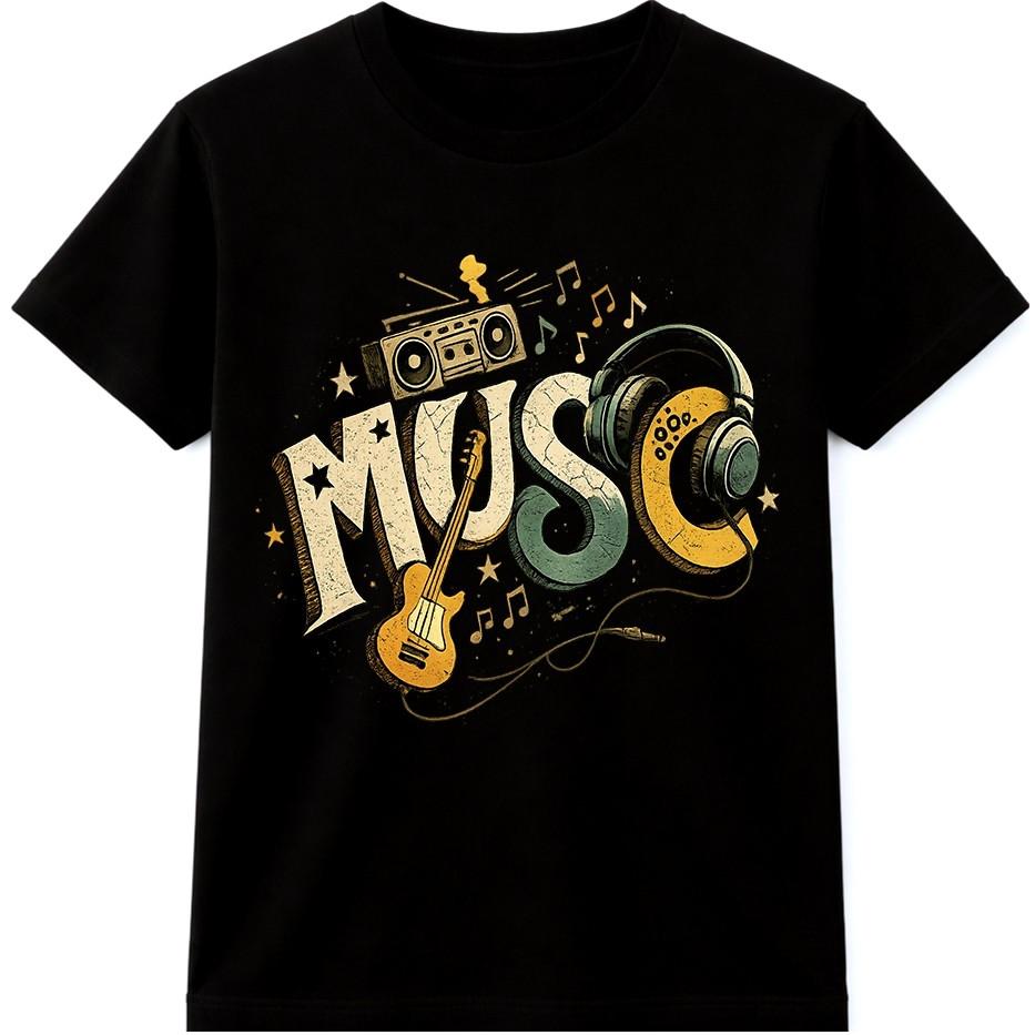 Music T Shirt Boombox Guitar Headphones Retro DJ Sound Graphic Tee S