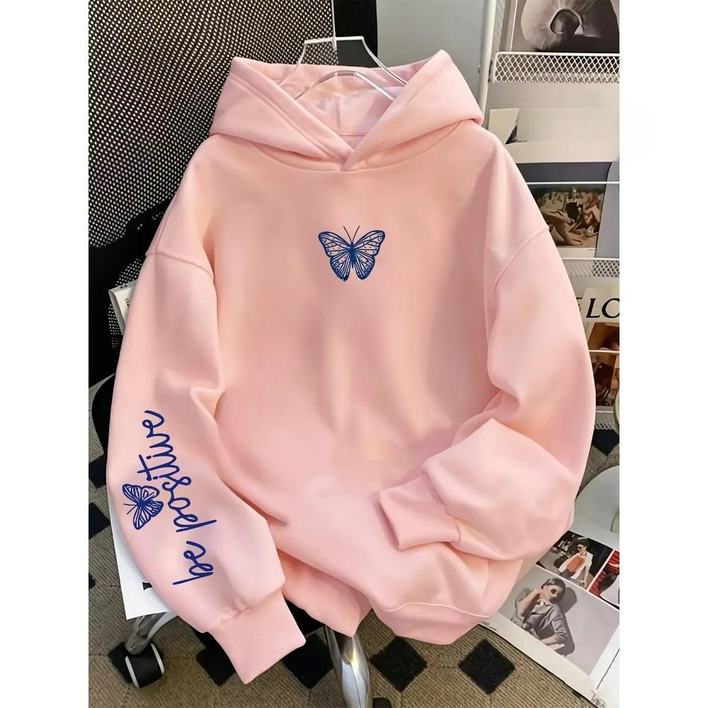 Autumn Winter Creative Butterfly Letter Print Hooded Sweatshirt Loose Comfortable Casual Sport Long Sleeves Hoodies