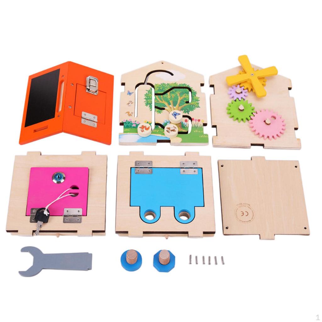Wood Busy House Multifunctional Activity Cube Track Gears Sensory Board Toy Basic Life Skills for