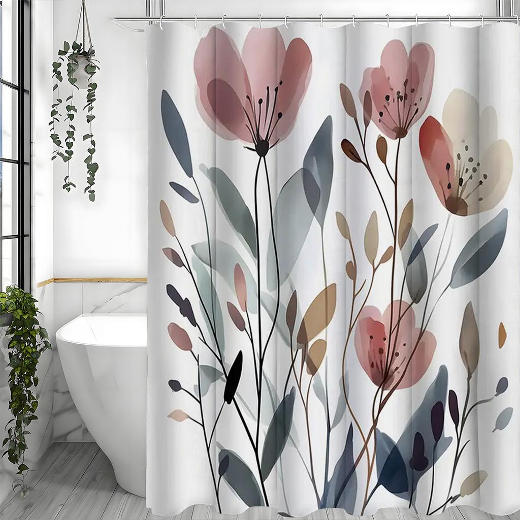 Bohemian Floral Watercolor Wildflower Design Shower Curtain, White, Gray, Pink, Botanical Bathroom Decor, Shower Curtain with Ho