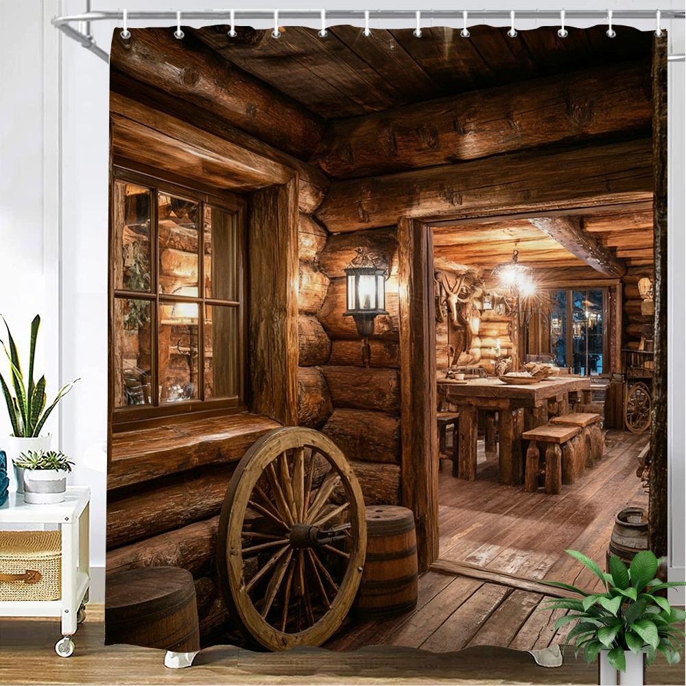Country Retro Style, Wood Grain House Pattern Shower Curtain Waterproof Polyester Bathroom Curtain Bath Screen Decor For Bathtub