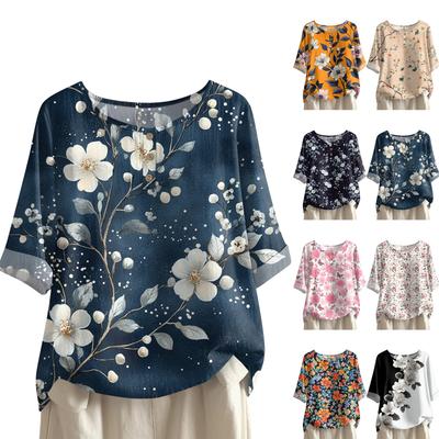 Women's Fashionable And Casual Shirt Half-sleeve Round Neck Print Blouse Top