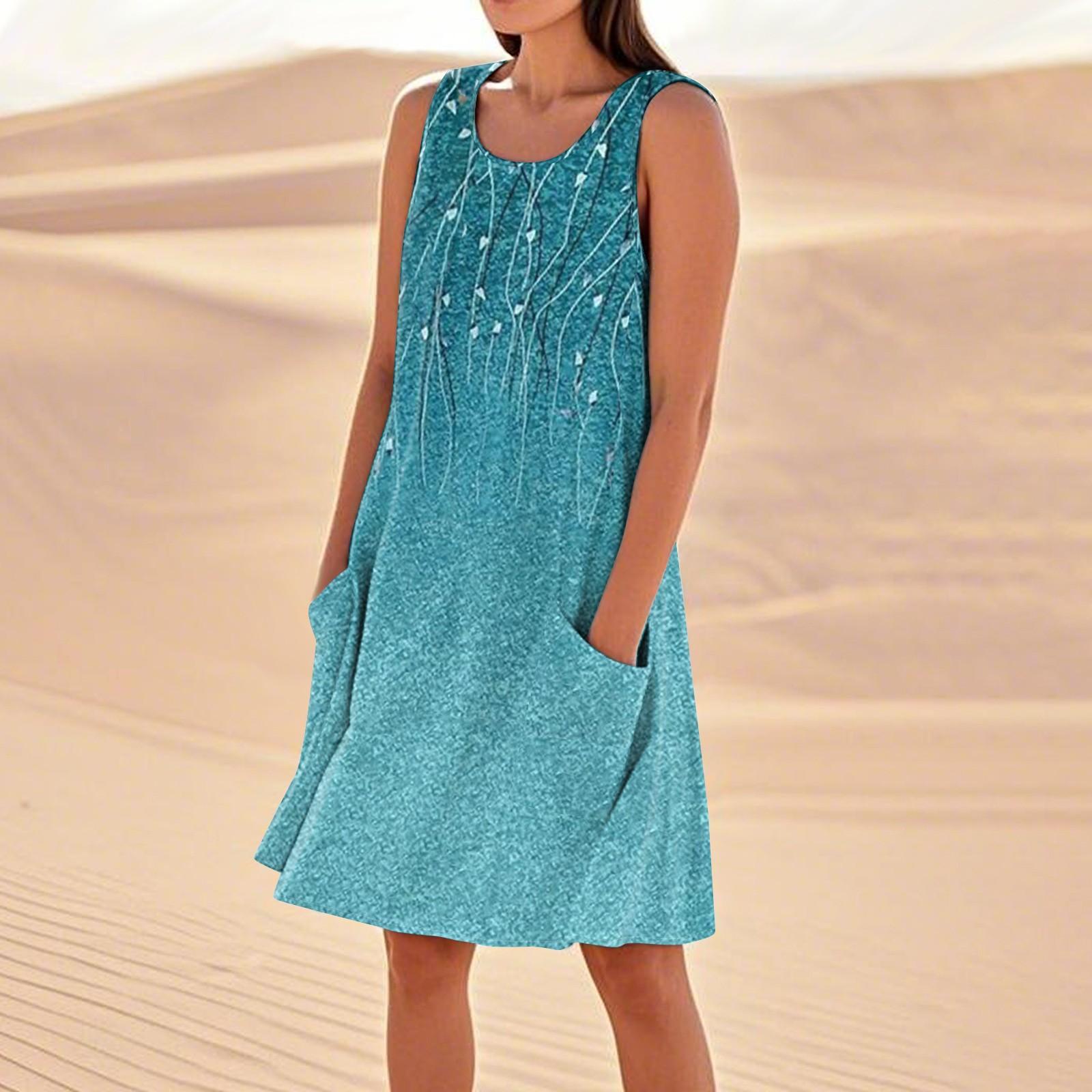 

Летние платья для женщин, свободные пляжные повседневные сарафаны без рукавов с карманами, платье-майка XXL