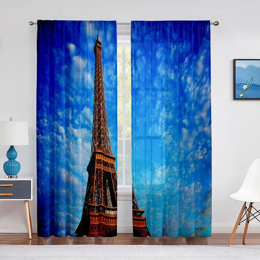 Paris Eiffel Tower Trees European City Landscape Voile Curtain Window Treatment Tulle Curtains for Living Room Sheer Curtains