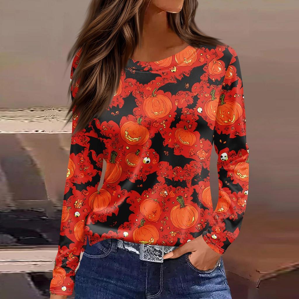 Women's Fashion Hem Slit Casual Halloween Printed Round Neck Long Sleeve Top