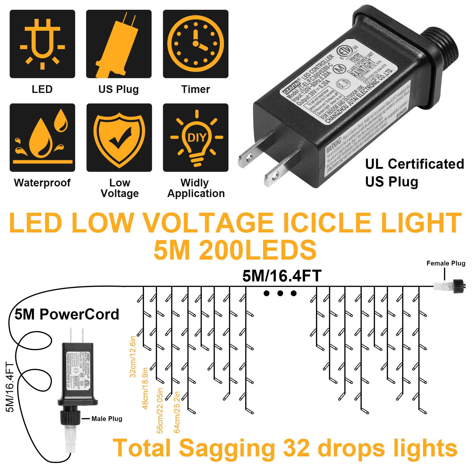 

Светодиодные гирлянды в виде сосулек с эффектом памяти 5/10/15 м, водонепроницаемые, уличные рождественские гирлянды, 8 режимов, таймер, рождественский новогодний декор, вилка 31 В US PLUG