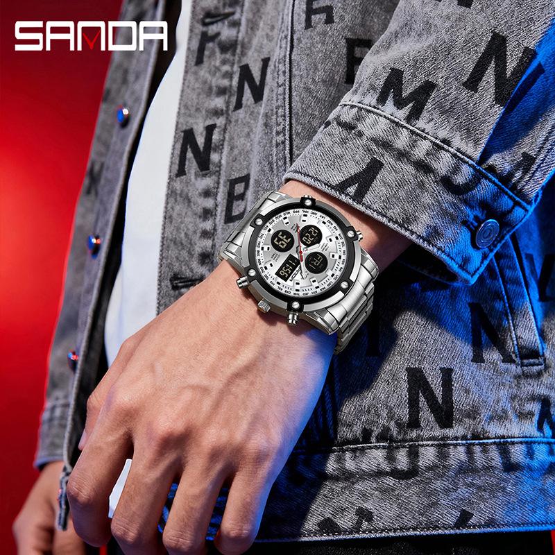 Sanda Dual Movement 5ATM Waterproof Multifunctional Steel Band Men's Watch with Alarm Clock