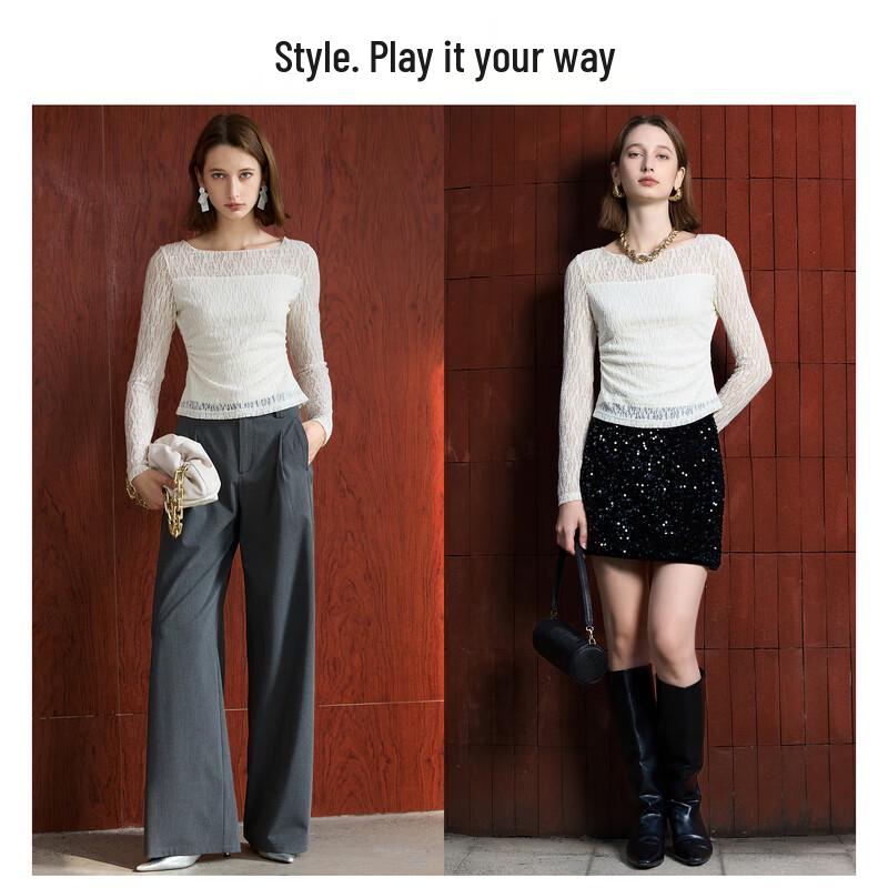 Sancai 2026 Spring Off-Shoulder Lace Slim-Fit Top XL