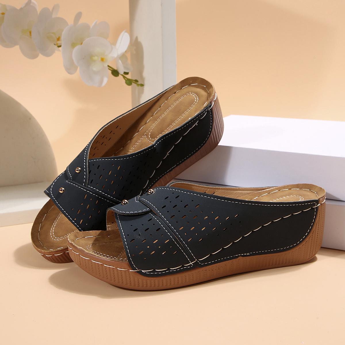 

European and American large-size foreign trade women s shoes 2025 summer new European and American cool slippers wedge heel thick-soled wedge heel ho 43 тёмно-синий