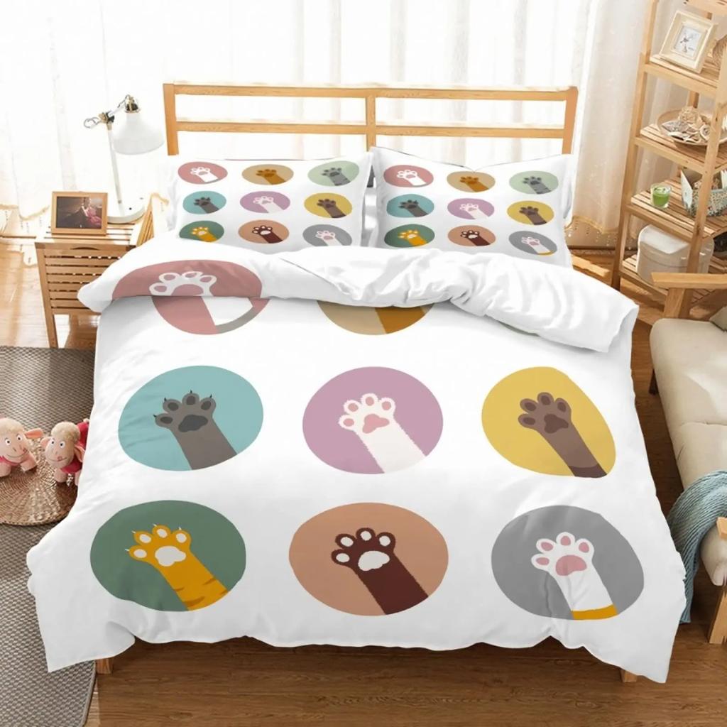 Blue Cartoon Cat Paw Print Duvet Cover For Children Boys And Girls Duvet Cover Cute Pet Cat For Bedroom Decorations Queen King
