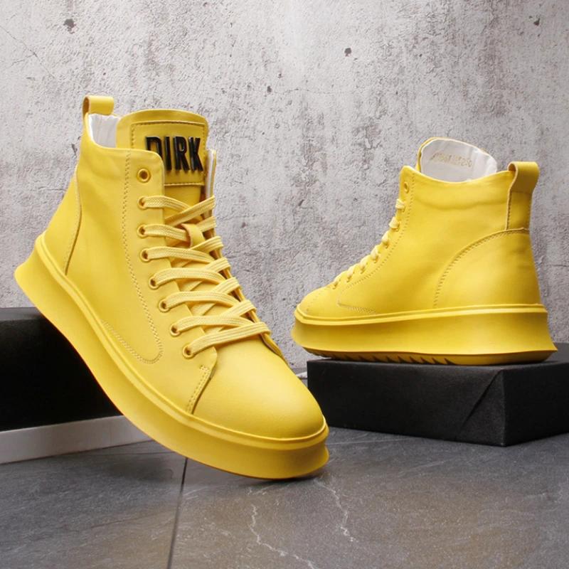 Autumn New Men Leather Casual Shoes High Tops Flats Skate Platform Shoes Young Man Street Trend Lace-up Sneaker