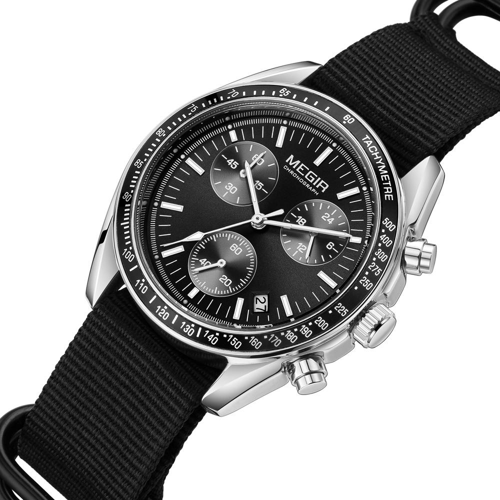 MEGIR Triple-eye Quartz Watch for Men s Nylon Braided Strap Waterproof Luminous Sports with Chronograph Fashion Wristwatch Male серебряный