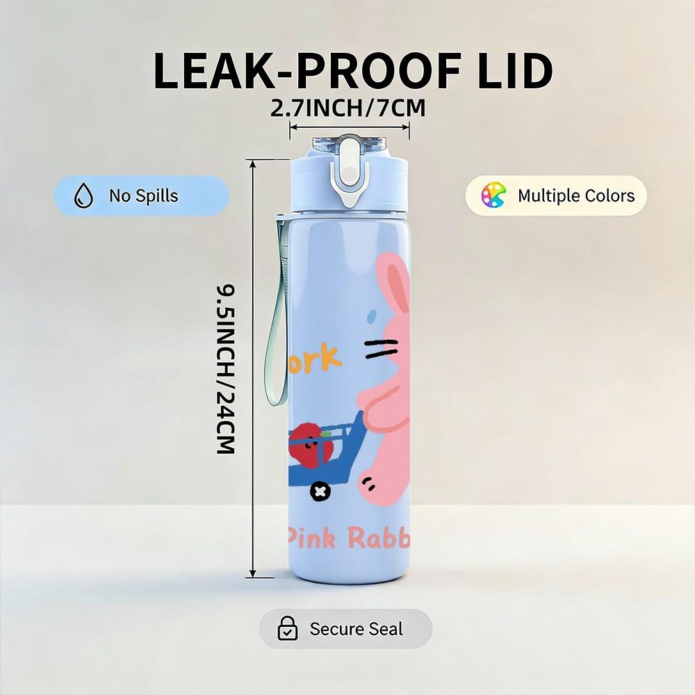 1PC Pink Rabbit Print 750ml Color Plastic Sports Water Bottle Leakproof Flip Straw Lid Suitable for Sports Office Home Use