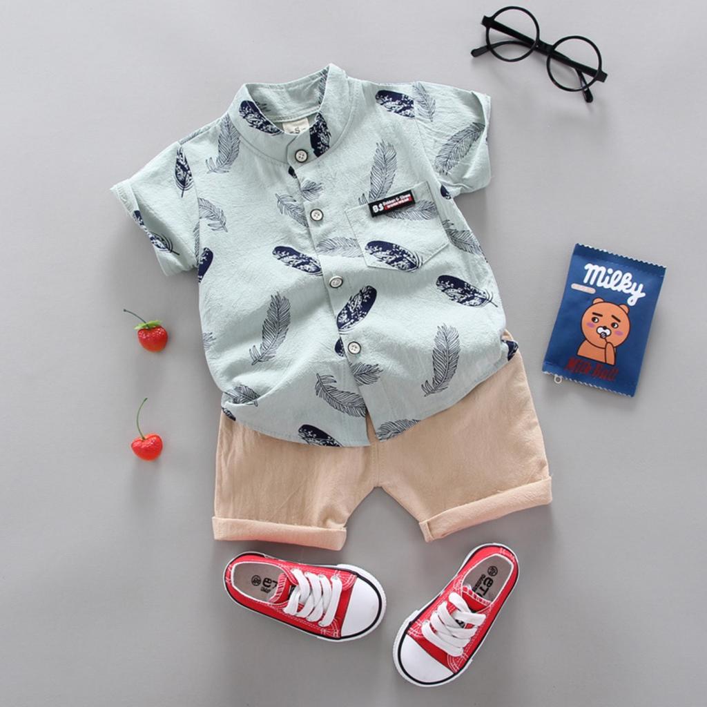 Summer Printed Pyramid Shirt Short Sleeved Shorts Set for Male and Female Infants and Young Children