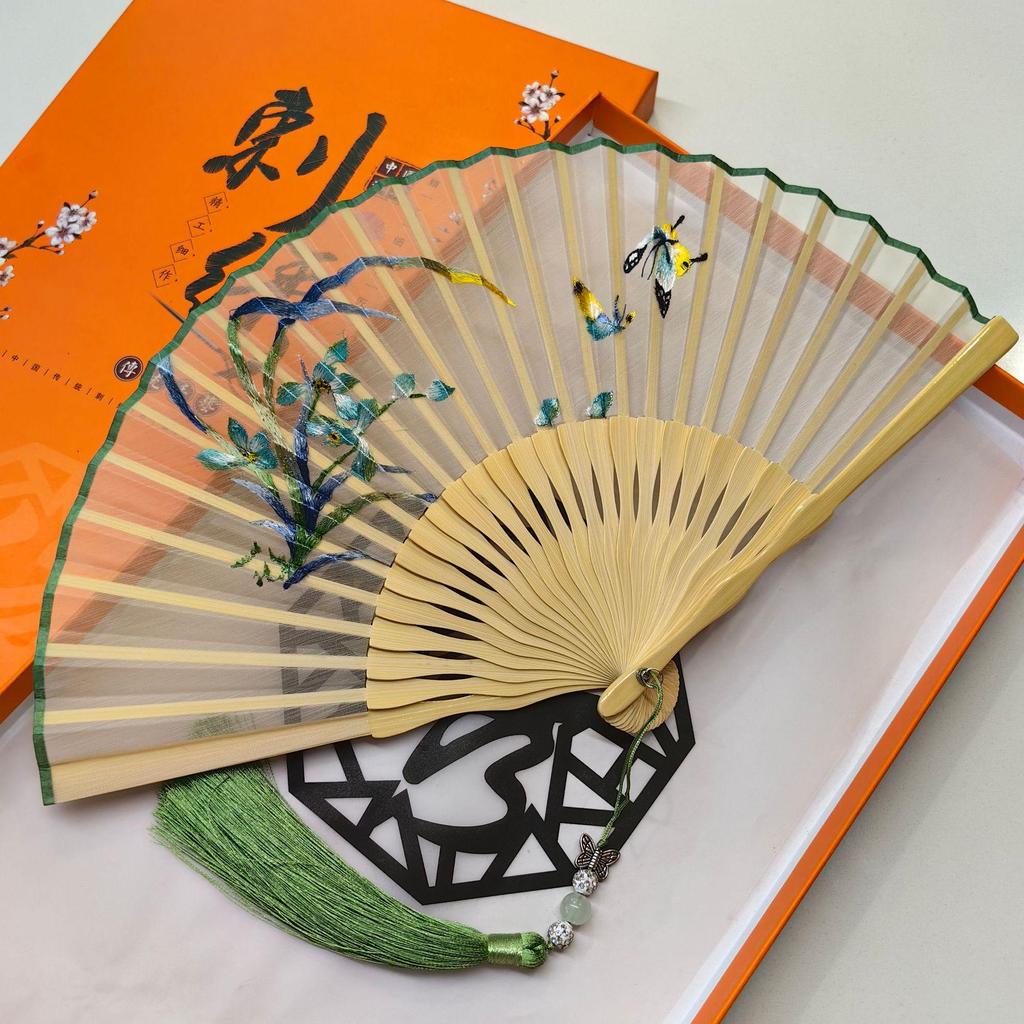 Alter Changmen Suzhou Doppelseitige Stickerei Faltfächer: Antiker Cheongsam-Stil für Damen