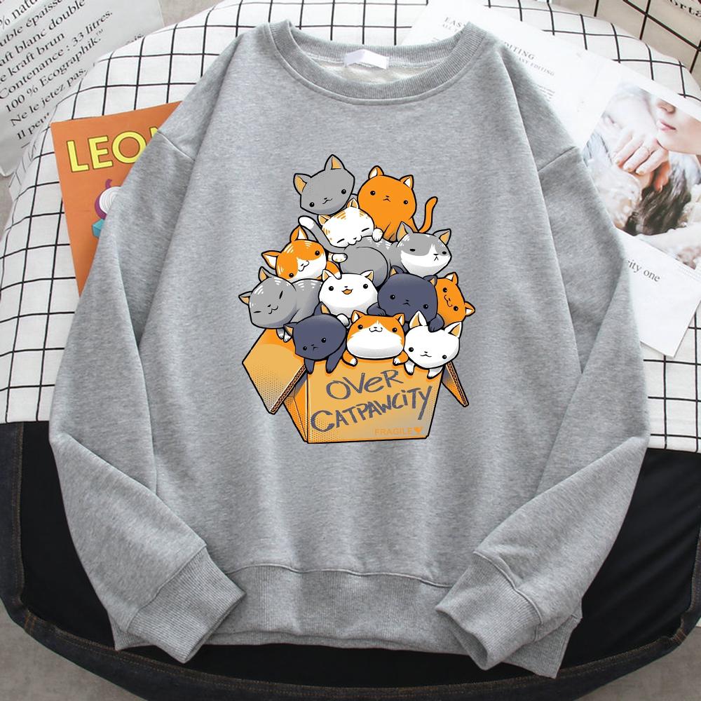 Autumn Casual Woman Pullover Many Cats Gathered In Printing Hoodies Comfortable Sweatshirt Crewneck Loose Female Clothes