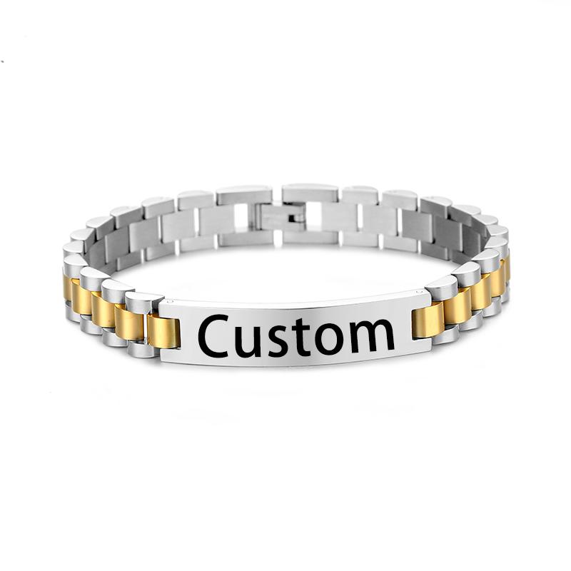 Stainless Steel Custom Engraving Name Logo  Watch Band Chain Wristband ID Bracelets for Men