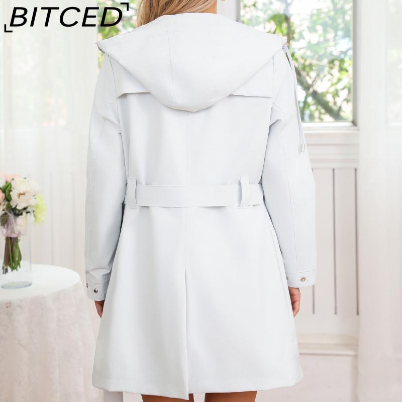 BITCED Women's Spring/Autumn Hooded Water-Resistant Jacket with Belted Waist Lightweight Casual Oversized Trench Coat