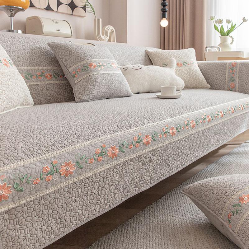 Pure Cotton Lace 3D Embroidered Sofa Cushion Pastoral Non-Slip Sofa Cover for All Seasons Skin-Friendly Soft Furniture Protector