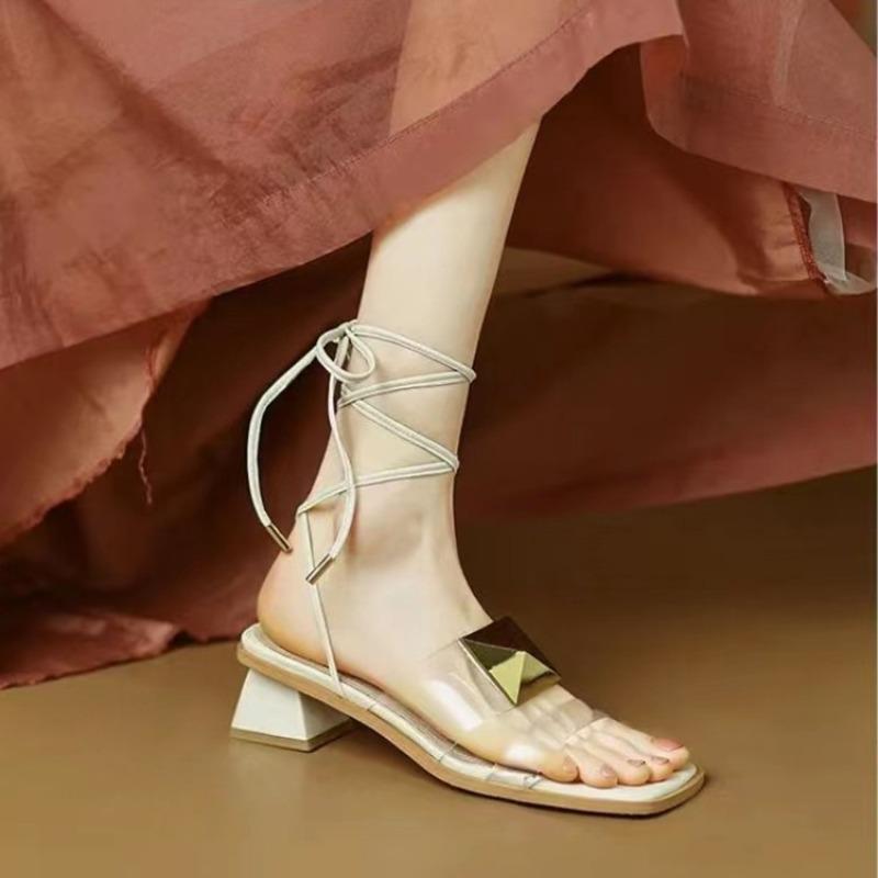 

Fashion Square Heel Sandals New Summer Square Head Metal Buckle After The Cross Strap Soft Low Anti-slip Wear-resistant Heel Shoes 40