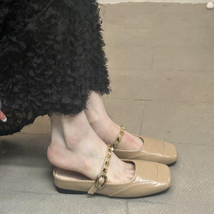

Inner height increase French gentle half slippers women s 2025 new summer outer wear high-end thick-bottomed rivets temperament cool slippers 35 хаки